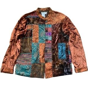 Coldwater Creek Patchwork Tapestry Velvet Buttoned Jacket Brown Teal Size M